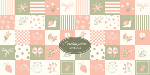 Spring delicate seamless pattern. Patchwork quilt, squares. Set of spring elements and funny characters. Vector design in pastel colors for fabric, wallpaper, wrapping paper, and more.