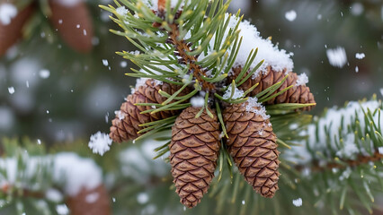 Snowy pine cone branch
