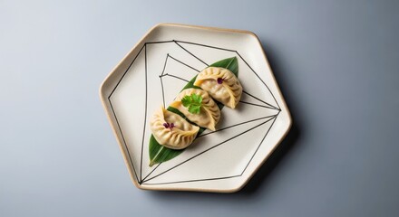 Minimalist Presentation of Momos on a Geometric Plate, Evoking Modern Elegance