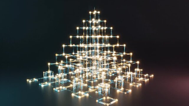 Glowing geometric light pyramid of neon nodes and network lines with glowing connection reflections, gold and blue particle swirl abstract glitter vortex bokeh spiral, glowing particle swirl data