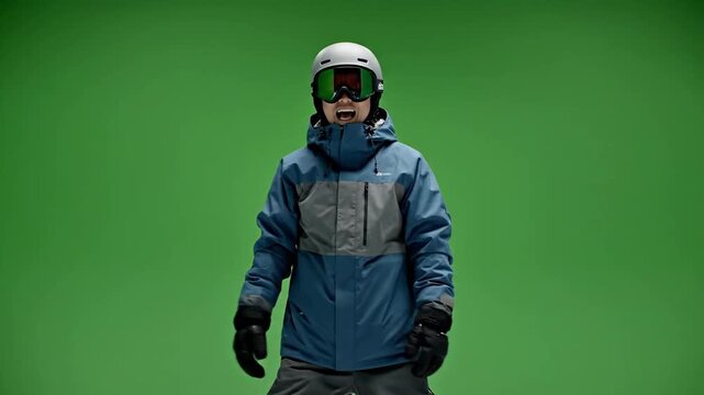 A victorious winter sports athlete cheers loudly, captured in a medium shot against the vibrant chromakey green screen background.