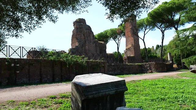 sunlit roman forum tall weathered brick ruins among umbrella pines stone pedestal dirt path appear stadio palatino rising view rome italy empire emperor archaeological site 