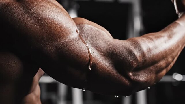 A striking display of chiseled arm muscles glistens with sweat under dramatic lighting. The dynamic pose emphasizes strength, determination, and artistry within a gym atmosphere.