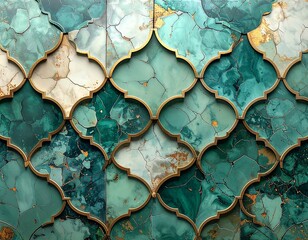 Abstract mosaic of turquoise, teal, and gold shapes with cracks creating a beautiful pattern