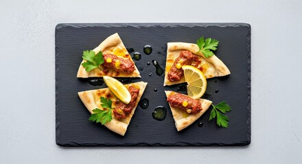 Minimalist Lahmacun Artistry Deconstructed Flatbread With Fresh Herbs on Slate