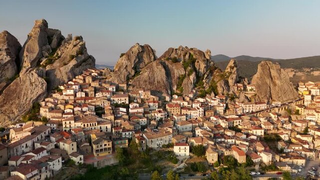 Aerial Drone View of Pietrapertosa Village Nestled Among Rocky Peaks in the Dolomiti Lucane, Basilicata, Italy