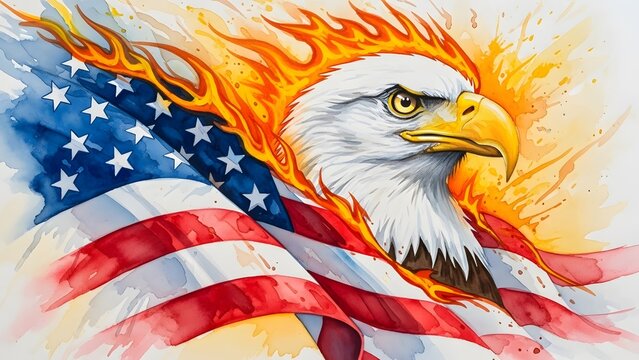 American bald eagle with flaming mane and usa flag background