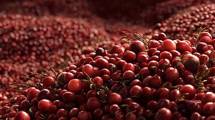 Fresh ripe red cranberries piled with rustic green sprigs, showcasing abundant harvest, vibrant color and juicy texture for healthy eating, seasonal cooking and markets