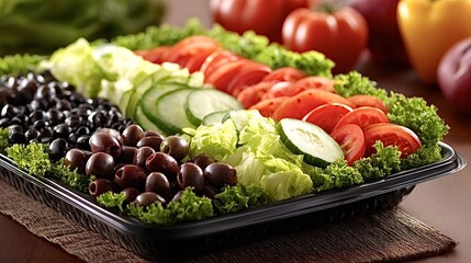 Fresh salad platter with neatly arranged tomatoes, cucumbers, lettuce, black olives and beanscolorful, ready to eat catering option for healthy, plant based meals and buffets
