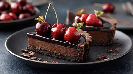 Dark chocolate tarts featuring rich mousse filling and glossy ganache, elegantly topped with fresh red cherries and mint for a gourmet dessert experience