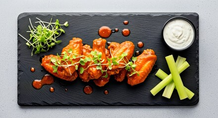 Modern Minimalist Flat Lay of Artfully Garnished Buffalo Wings on a Dark Slate Board