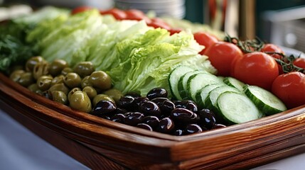 Wooden tray presenting fresh salad ingredients including lettuce, green and black olives, sliced cucumbers, and ripe tomatoes, representing a healthy and organic food selection