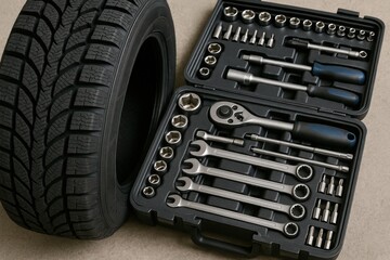 Automotive tire with socket wrench tool kit