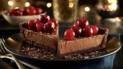 Decadent chocolate tart slices featuring a rich cocoa crust and smooth chocolate filling, topped with glistening red cherries and chocolate shavings, offering a luxurious sweet indulgence