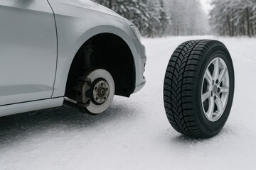 Car with removed wheel on snowy road