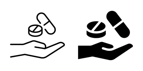 Hand offering pills icon for medication. Silhouette and line style.