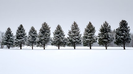 A Row Of Symmetric Evergreen Trees Covered In Heavy Snow