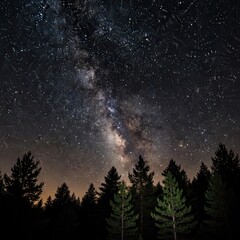 Naklejka premium Stunning Milky Way Galaxy Arching Over a Dark Forest at Night.