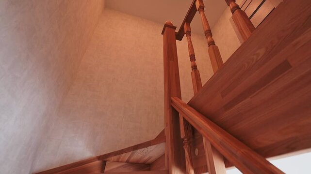 wooden staircase with turned balusters and a smooth handrail, set against light-colored walls. Classic design, warm wood tones, clean lines, leading to an upper level