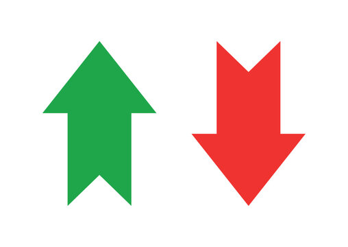 Up and down arrow icon set with green and red colors, flat vector illustration showing increase and decrease direction symbols for finance, analytics, user interface, indicators and trend concept