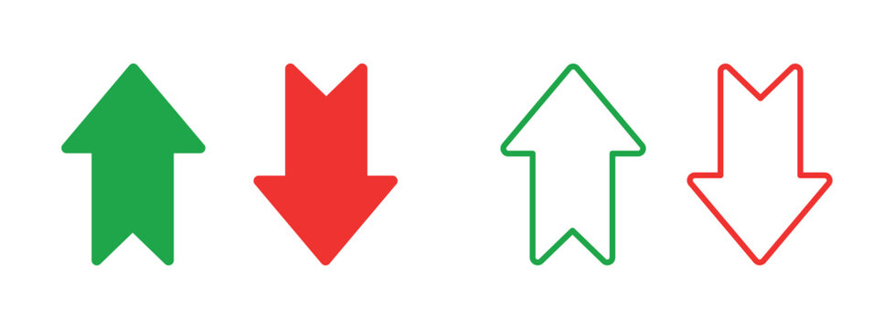 Up and down arrow icon set with green and red colors, flat vector illustration showing increase and decrease direction symbols for finance, analytics, user interface, indicators and trend concept