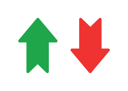 Up and down arrow icon set with green and red colors, flat vector illustration showing increase and decrease direction symbols for finance, analytics, user interface, indicators and trend concept