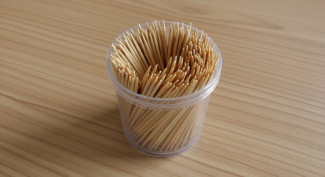 Close-Up View of Toothpicks in Clear Plastic Container on Wooden Surface.