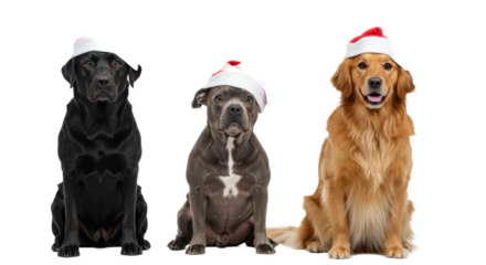 Three adult dogs: black Labrador, grey French Bulldog, golden retriever, wearing Santa hats, posing on a transparent studio background with copy space, festive holiday pet portrait