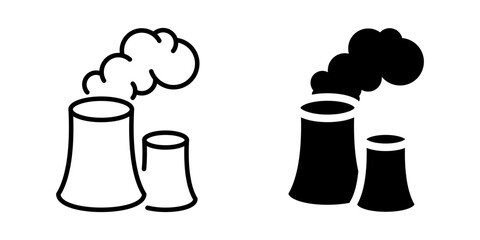Factory emissions icon with smoke stacks. Silhouette and line style.