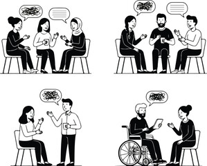 Conversations of Support: A collection of illustrations depicting people engaged in supportive dialogues, conveying the importance of communication and understanding in various contexts.