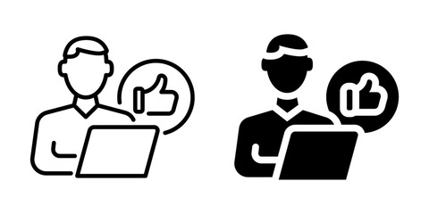User with laptop and thumbs up icon symbolizing positive feedback. Linear and silhouette style.