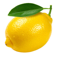 Ripe yellow lemon with green leaf.