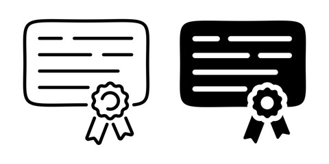 Certificate icon with ribbon seal and text lines. Linear and silhouette style.