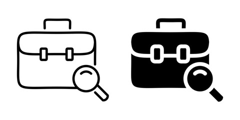 Job search icon with briefcase and magnifying glass. Linear and silhouette style.