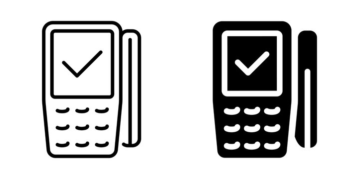 Payment terminal icon with checkmark and card. Linear and silhouette style.