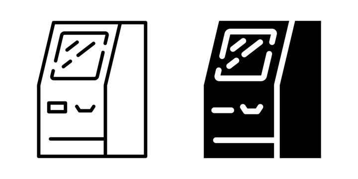 ATM machine icon with screen and card slot. Linear and silhouette style.