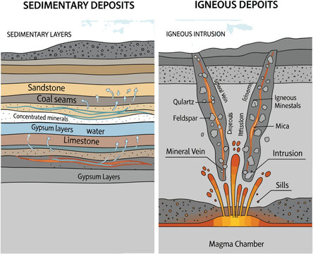 Geological formations of sedimentary and igneous deposits, illustrating mineral resources through scientific geology. Perfect for educational materials, science presentations, geology