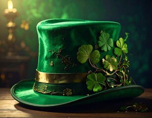 A vibrant emerald green top hat, adorned with shamrocks and gold accents, rests on a wooden surface, with a blurred green background
