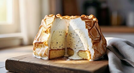  Nostalgic Baked Alaska Detail With Vanilla Bean Specks Illuminated by Window Light
