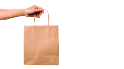 hand holding a brown paper shopping bag, isolated on a white background