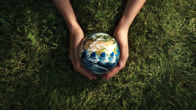 朝日を受けた女性の手が緑の草上で地球を包むイメージ