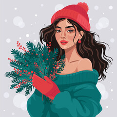 Stylish winter fashion woman portrait holding evergreen bouquet, red beanie and gloves, cozy Christmas mood with snowfall bokeh&mdash;modern vector illustration for greeting cards, posters, invitations.