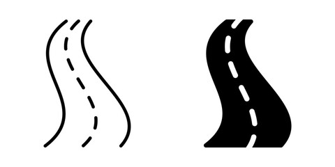 Minimalist curved road icons: black and white set with dashed lines for design projects