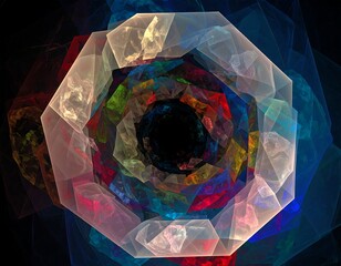 Abstract fractal tunnel of colorful polygon shapes diminishing into a central black void