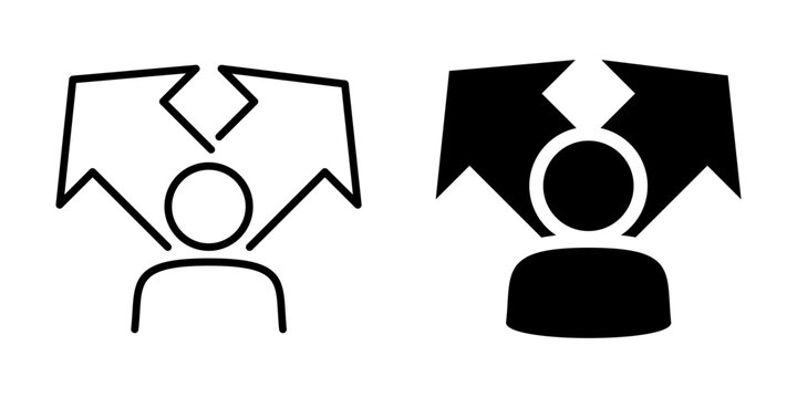 Person with diverging arrows symbolizing decision making in outline and solid styles