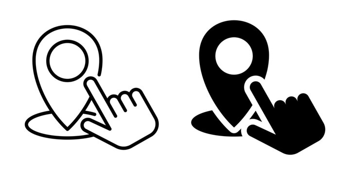 Hand cursor clicking map pin icons: outline and filled designs for navigation and location
