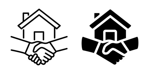 Home partnership icon: linear and solid handshake house symbol design