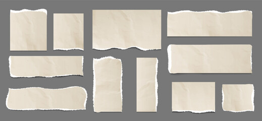 Old ripped paper template isolated, vector illustration. Round, square, rectangular design elements, papery pieces, vector illustration