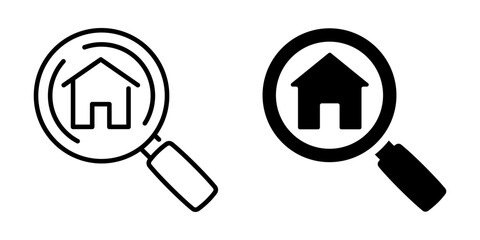 Fototapeta premium Minimalistic magnifying glass with house icon: black and white outline