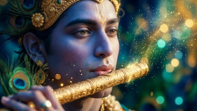 Lord Krishna playing a golden flute, glowing with divine light and spiritual energy. Concept of Hindu mythology, devotion, meditation, and Indian culture.